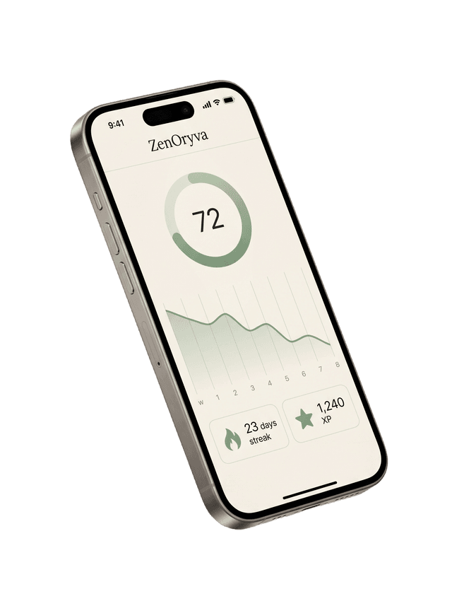 ZenOryva app dashboard showing health score, weight chart, streak, and XP