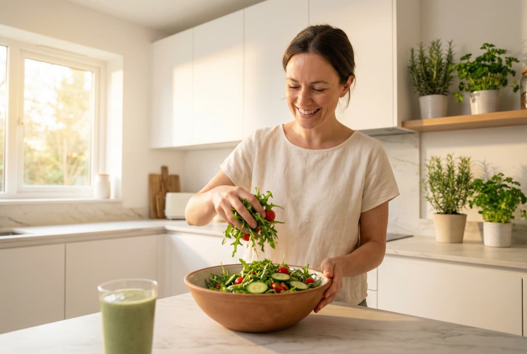 Woman preparing a healthy meal in a bright modern kitchen